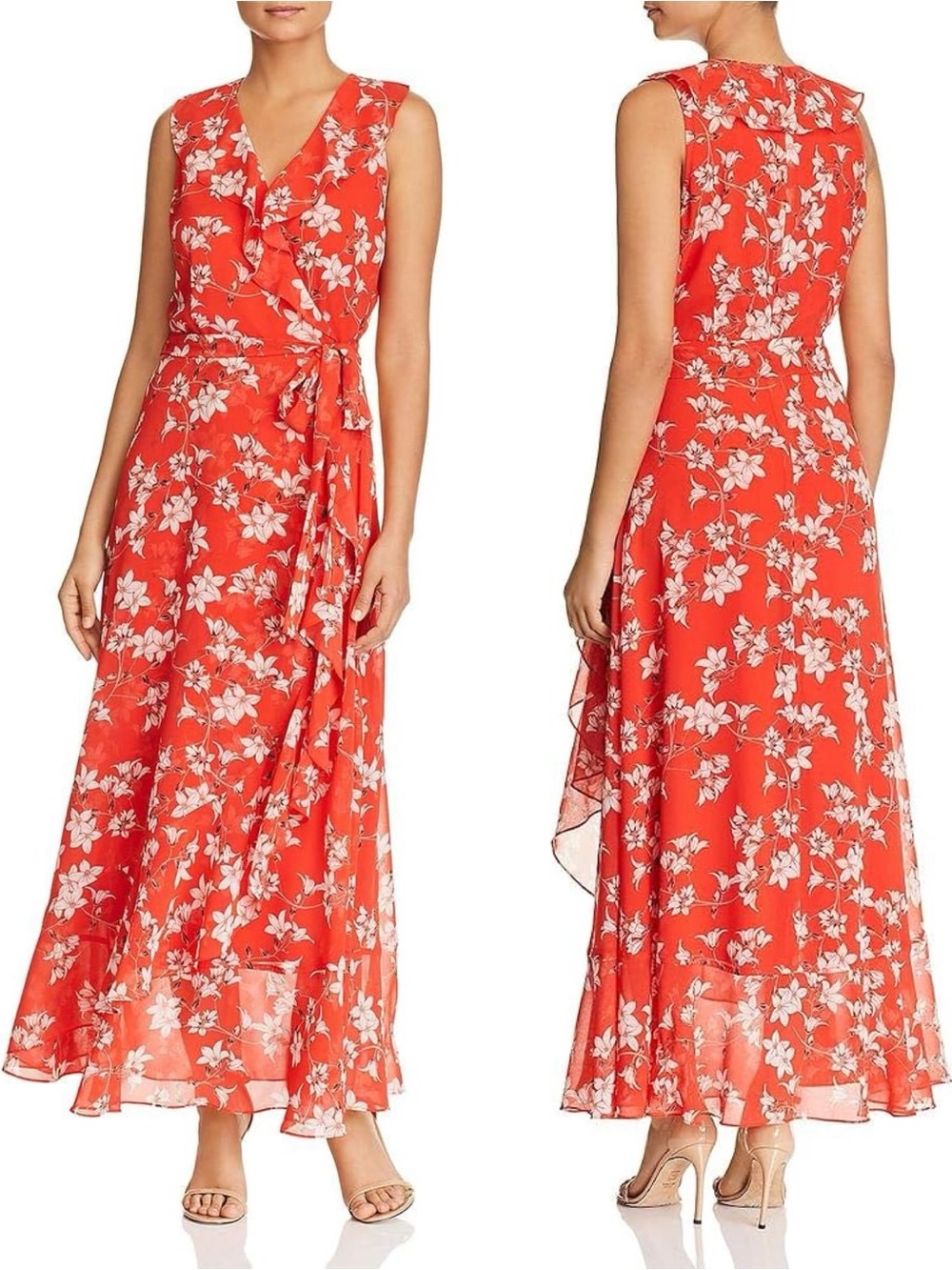 Calvin Klein Sleeveless Red Floral Wrap Maxi Dress- 10